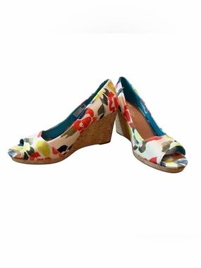 Bohemian Cottagecore Floral TOMS Cork Wedge Peep Toe Heels Size 9